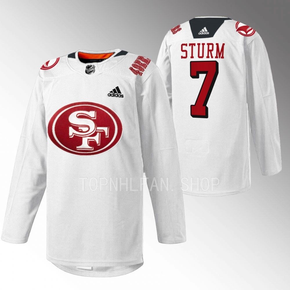 2022 San Jose Sharks Nico Sturm 49er Mash-Up White Specialty Warm-Up Jersey