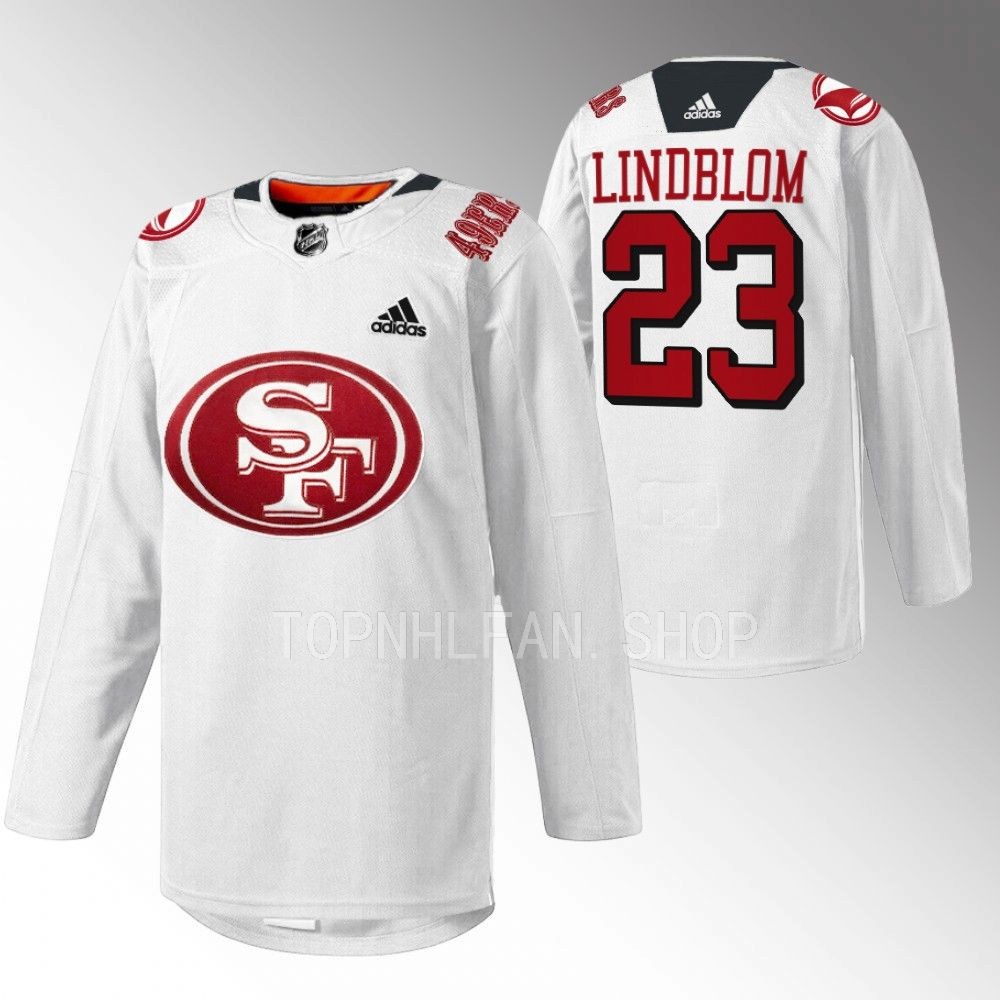 2022 San Jose Sharks Oskar Lindblom 49er Mash-Up White Specialty Warm-Up Jersey