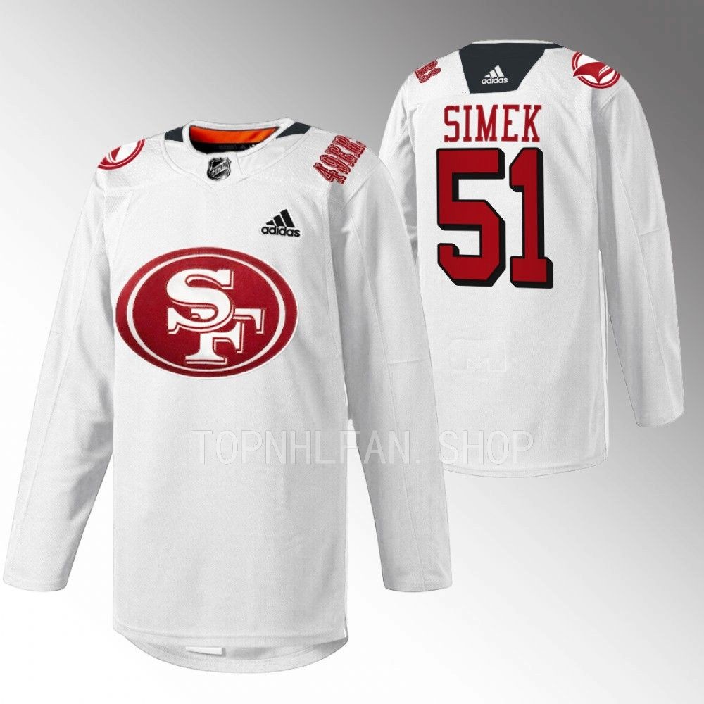 2022 San Jose Sharks Radim Simek 49er Mash-Up White Specialty Warm-Up Jersey