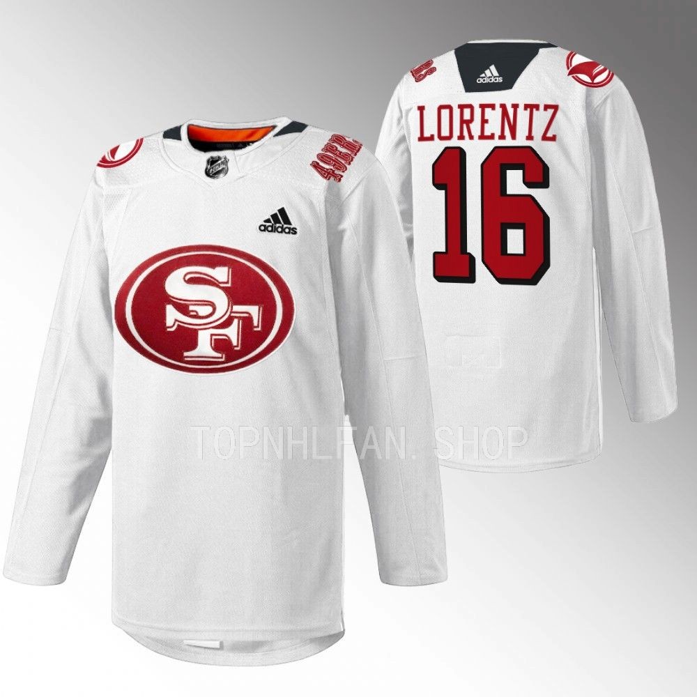 2022 San Jose Sharks Steven Lorentz 49er Mash-Up White Specialty Warm-Up Jersey