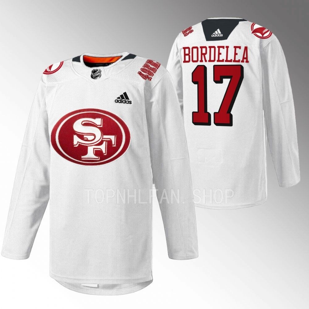 2022 San Jose Sharks Thomas Bordeleau 49er Mash-Up White Specialty Warm-Up Jersey