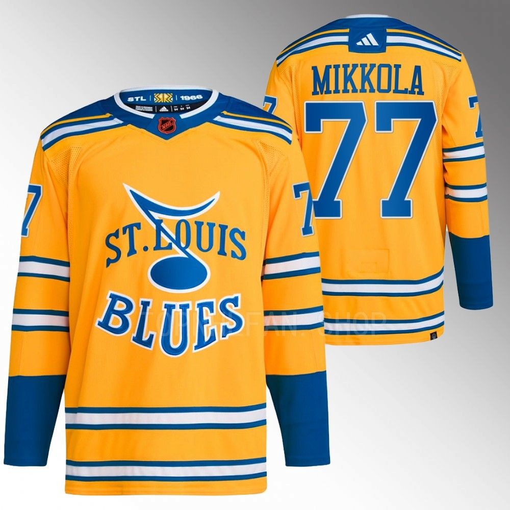 2022 St. Louis Blues Niko Mikkola Reverse Retro 2.0 Yellow Authentic Primegreen Jersey