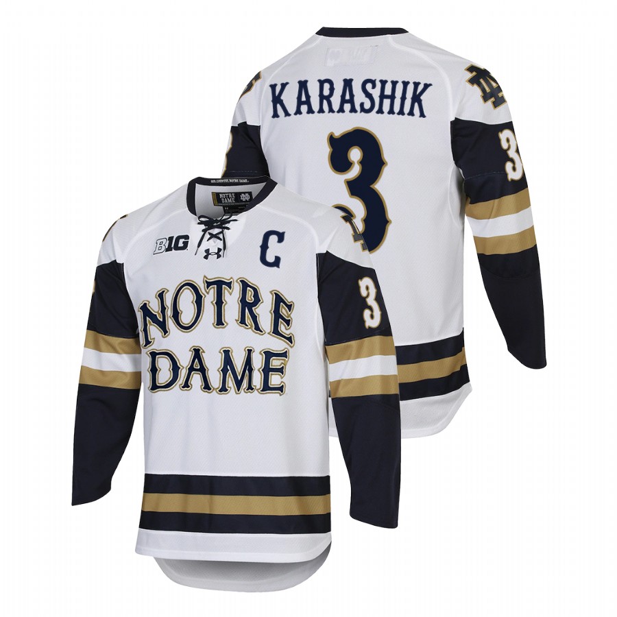 2022 notre dame fighting irish adam karashik white college hockey home jersey