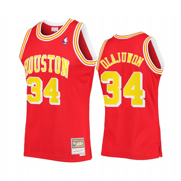 Houston Rockets Hakeem Olajuwon Red Gold Mitchell & Ness Hardwood Classics retired players Jersey #34