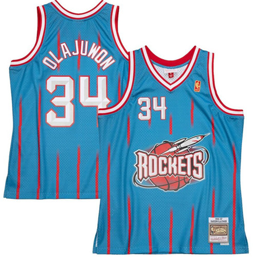 Houston Rockets Hakeem Olajuwon Light Blue Pinstripe Mitchell & Ness 1996-97 Hardwood Classics Reload 2.0 retired players Jersey #34