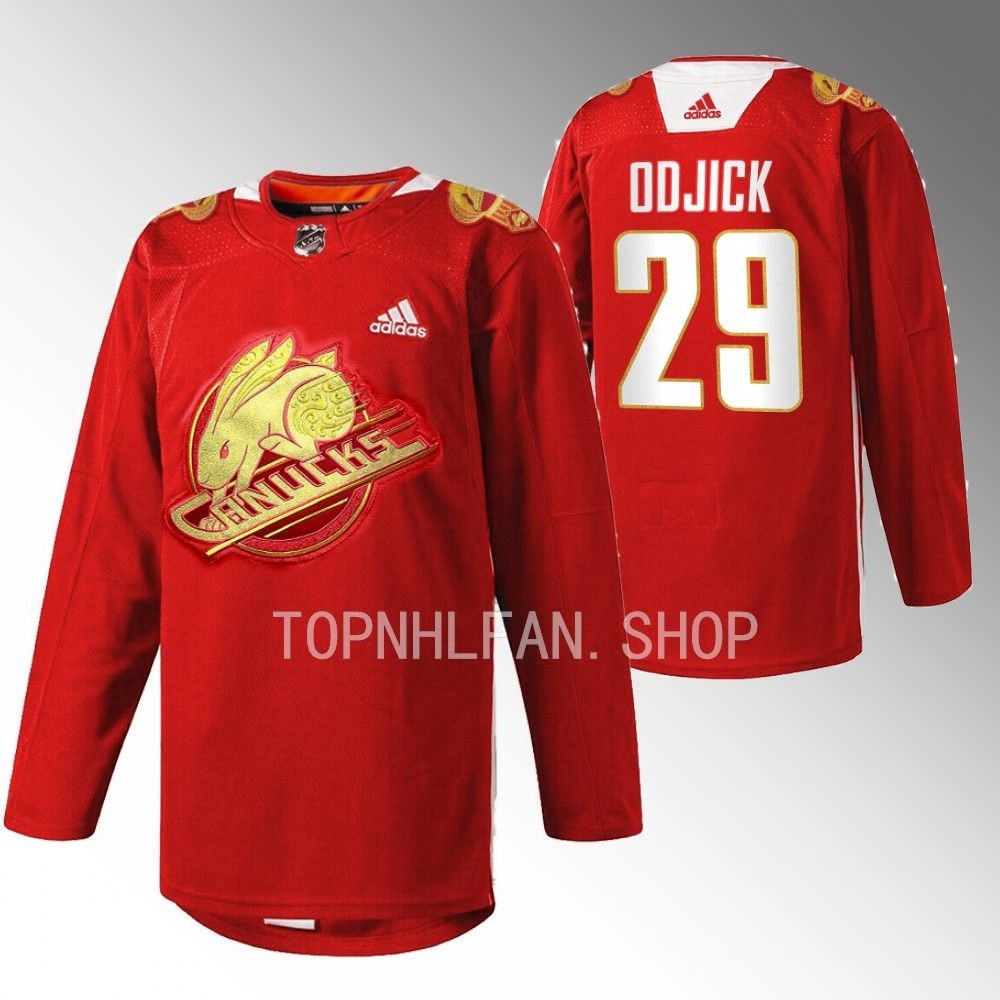 2023 Lunar New Year Vancouver Canucks Gino Odjick Red Rabbit Warm-up Jersey men's