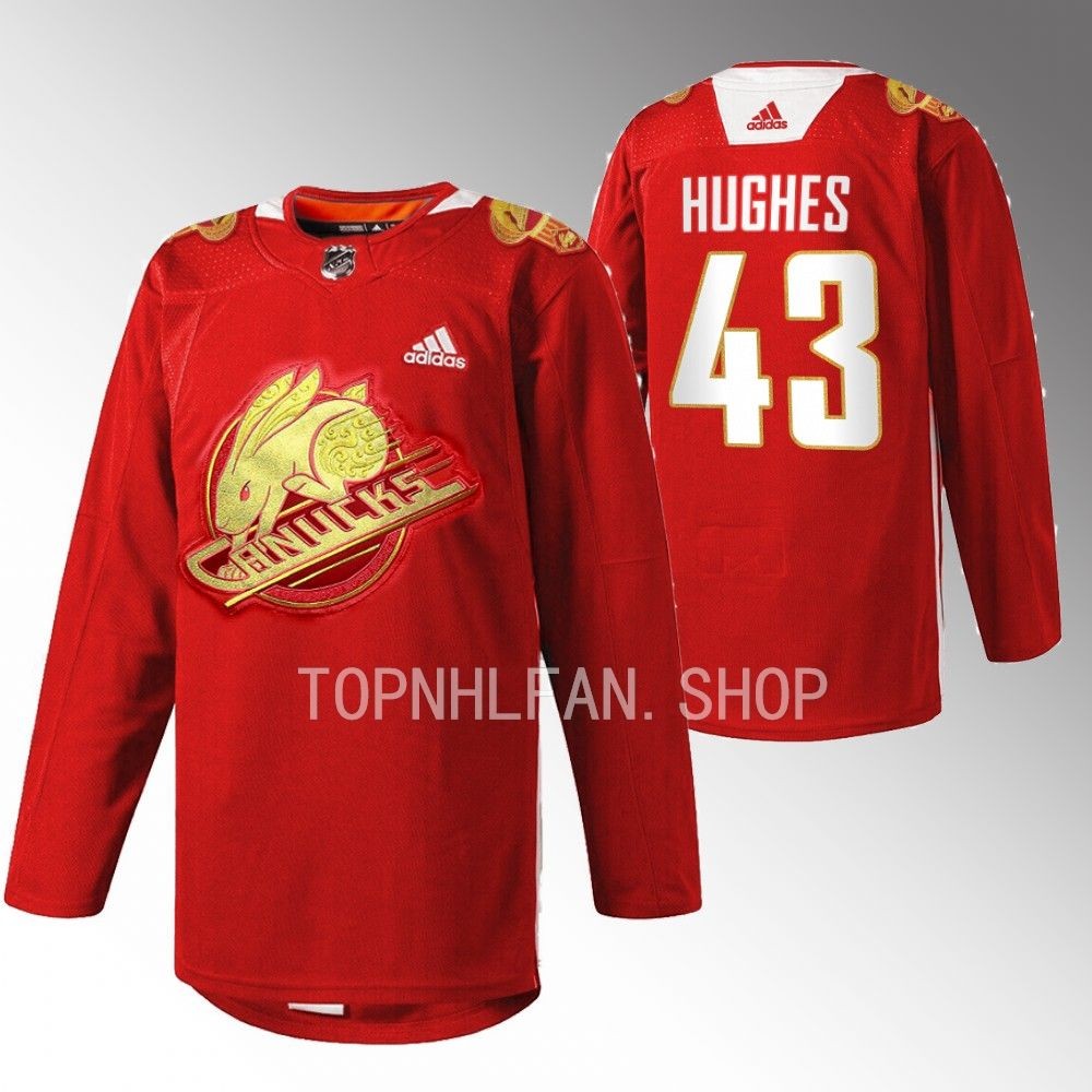 2023 Lunar New Year Vancouver Canucks Quinn Hughes Red Rabbit Warm-up Jersey men's