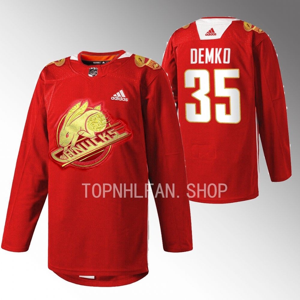 2023 Lunar New Year Vancouver Canucks Thatcher Demko Red Rabbit Warm-up Jersey men's