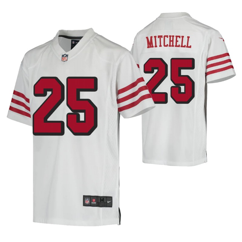 49ers elijah mitchell white color rush game jersey youth stitched