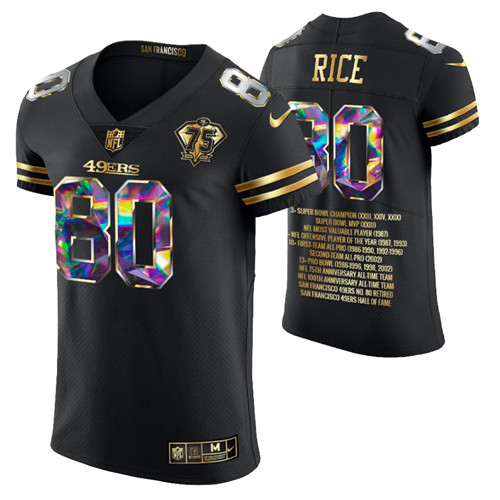 49ers jerry rice career highlights diamond edition jersey black 75th anniversary stitched