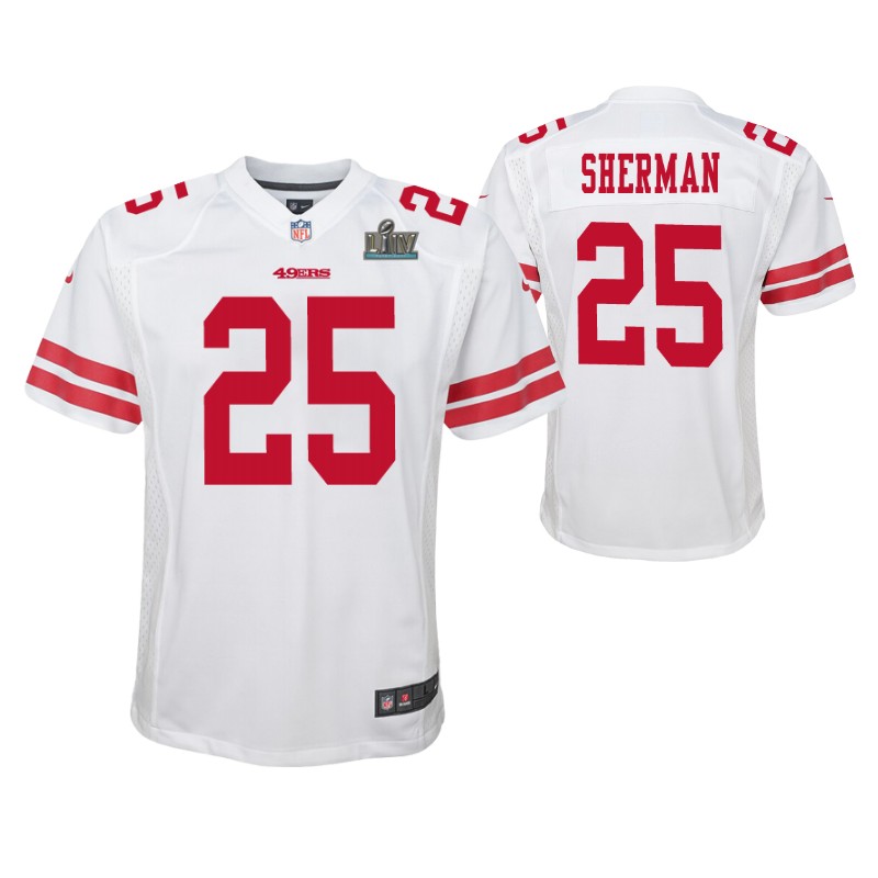 49ers richard sherman super bowl liv jersey game youth white stitched