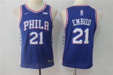 76ers 21 Joel Embiid Blue Youth Nike Swingman Jersey
