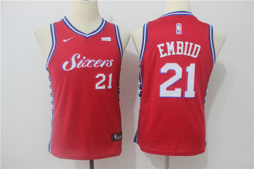 76ers 21 Joel Embiid Red Youth Nike Swingman Jersey