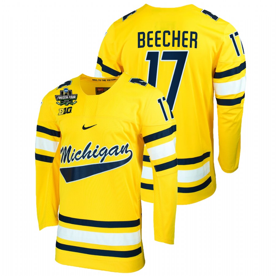 79.99 Michigan Wolverines Johnny Beecher 2022 Frozen Four NCAA Hockey Jersey Maize 