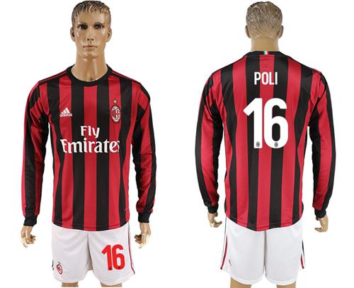 AC Milan #16 Poli Home Long Sleeves Soccer Club Jersey
