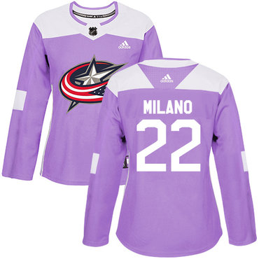 Adidas Blue Jackets #22 Sonny Milano Purple Authentic Fights Cancer Women's Stitched NHL Jersey