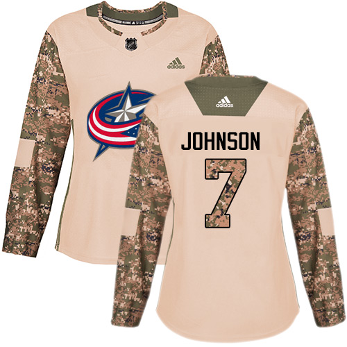Adidas Blue Jackets #7 Jack Johnson Camo Authentic 2017 Veterans Day Women's Stitched NHL Jersey