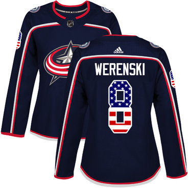 Adidas Blue Jackets #8 Zach Werenski Navy Blue Home Authentic USA Flag Women's Stitched NHL Jersey