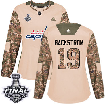 Adidas Capitals #19 Nicklas Backstrom Camo Authentic 2017 Veterans Day 2018 Stanley Cup Final Women's Stitched NHL Jersey