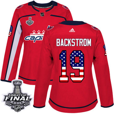 Adidas Capitals #19 Nicklas Backstrom Red Home Authentic USA Flag 2018 Stanley Cup Final Women's Stitched NHL Jersey