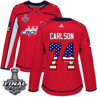 Adidas Capitals #74 John Carlson Red Home Authentic USA Flag 2018 Stanley Cup Final Women's Stitched NHL Jersey