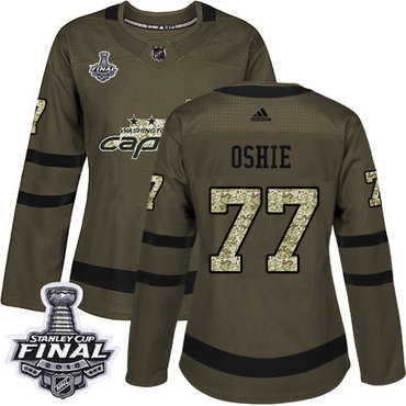 Adidas Capitals #77 T.J Oshie Green Salute to Service 2018 Stanley Cup Final Women's Stitched NHL Jersey