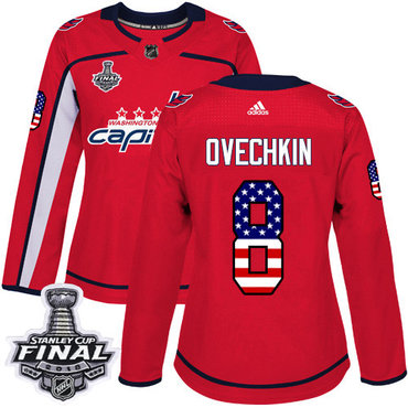Adidas Capitals #8 Alex Ovechkin Red Home Authentic USA Flag 2018 Stanley Cup Final Women's Stitched NHL Jersey