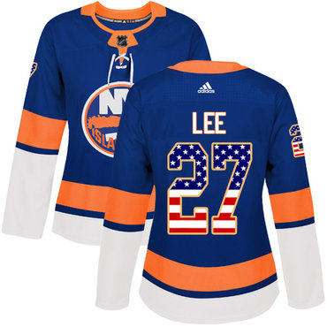 Adidas Islanders #27 Anders Lee Royal Blue Home Authentic USA Flag Women's Stitched NHL Jersey