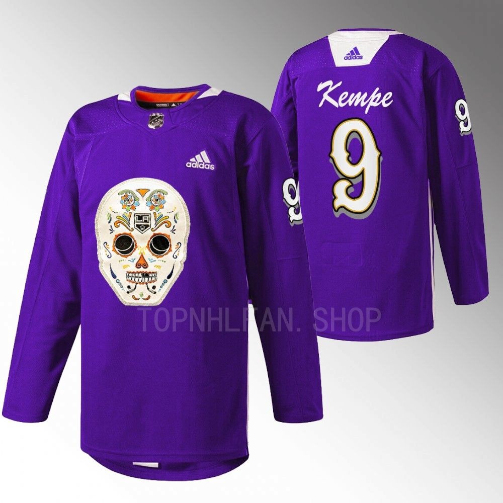 Adrian Kempe LA Kings Dia De Los Metros Night Jersey Purple Sugar Skull warmup