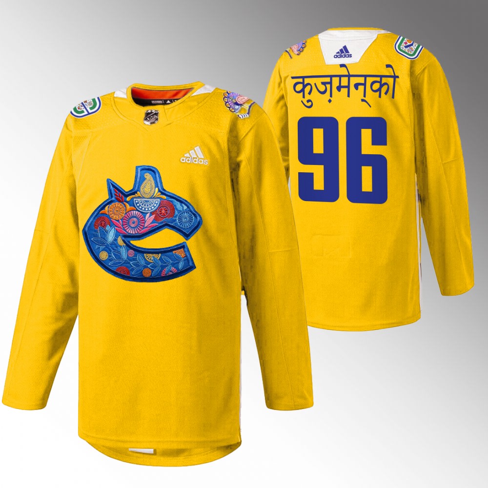 Andrei Kuzmenko Canucks Diwali Night Jersey Yellow Warmup