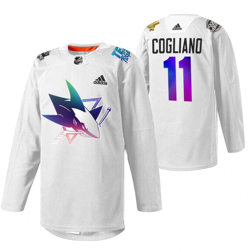 Andrew Cogliano Sharks Pride Night 2022 Jersey White HockeyIsForEveryone