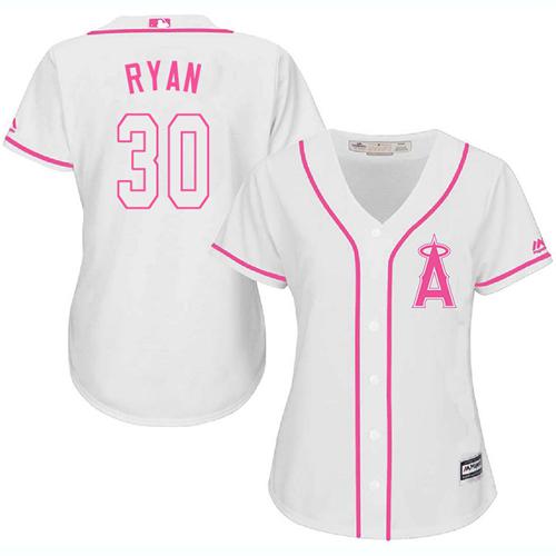 Angels #30 Nolan Ryan White Pink Fashion Women's Stitched MLB Jersey