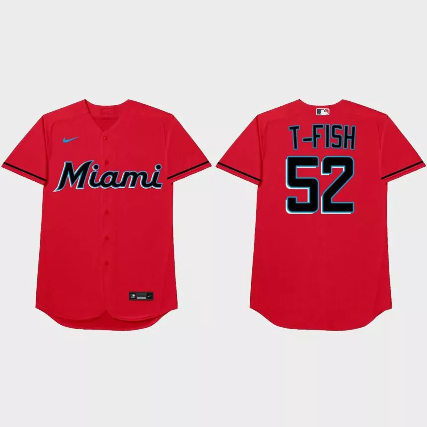 Anthony Bass Nickname Marlins 2021 Players’ Weekend T-Fish Jersey – Red
