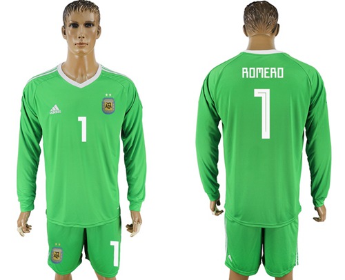 Argentina #1 Romero Green 2018 FIFA World Cup Long Sleeves Goalkeeper Soccer Country Jersey