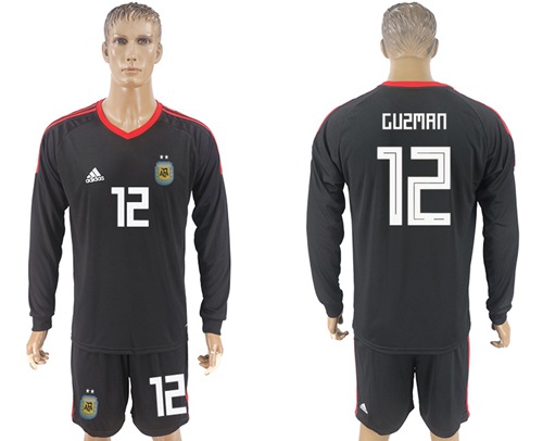Argentina #12 Guzman Black 2018 FIFA World Cup Long Sleeves Goalkeeper Soccer Country Jersey
