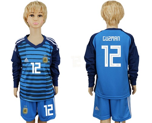 Argentina #12 Guzman Blue Long Sleeves Goalkeeper Kid Soccer Country Jersey