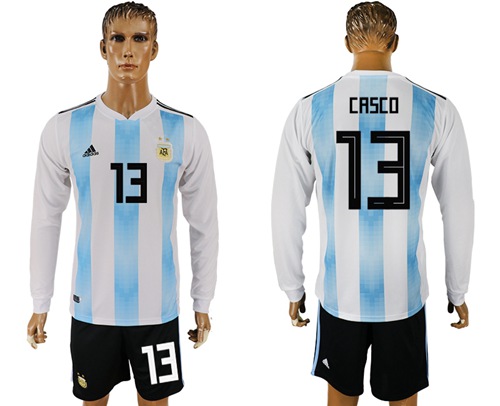 Argentina #13 Casco 2018 FIFA World Cup Home Long Sleeves Soccer Country Jersey