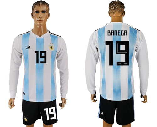 Argentina #19 Banega 2018 FIFA World Cup Home Long Sleeves Soccer Country Jersey