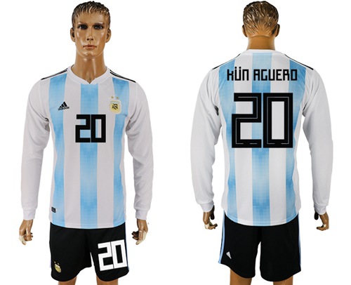 Argentina #20 Kun Aguero 2018 FIFA World Cup Home Long Sleeves Soccer Country Jersey