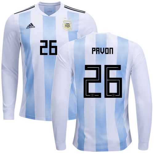 Argentina #26 Pavon 2018 FIFA World Cup Home Long Sleeves Soccer Country Jersey