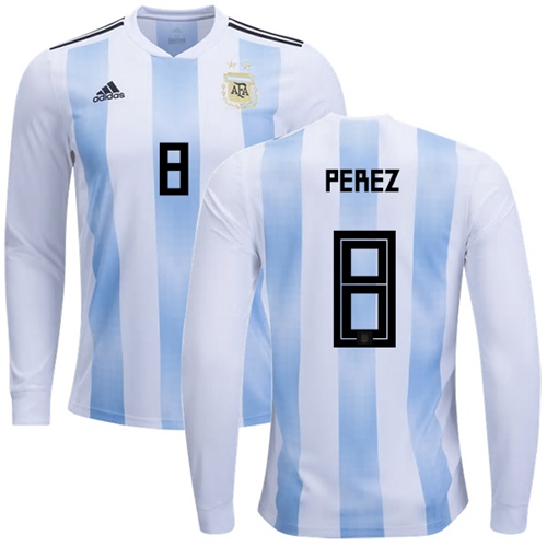 Argentina #8 Perez 2018 FIFA World Cup Home Long Sleeves Soccer Country Jersey