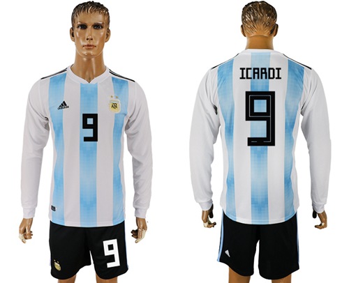 Argentina #9 Icardi 2018 FIFA World Cup Home Long Sleeves Soccer Country Jersey