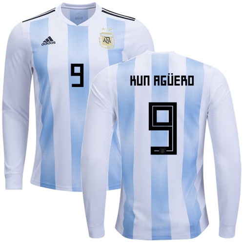 Argentina #9 Kun Aguero 2018 FIFA World Cup Home Long Sleeves Soccer Country Jersey