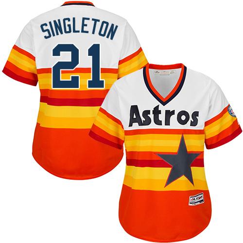 Astros #21 Jon Singleton White Orange Alternate Cooperstown Women's Stitched MLB Jersey