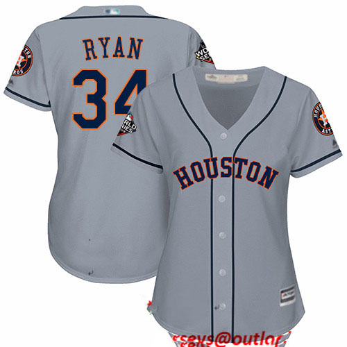 Astros #34 Nolan Ryan Grey Road 2019 World Series Bound Women's Stitched Baseball Jersey