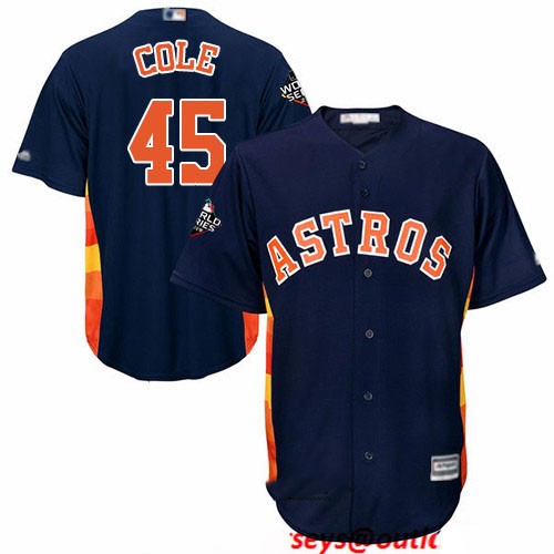 Astros #45 Gerrit Cole Navy Blue Cool Base 2019 World Series Bound Stitched Youth Baseball Jersey