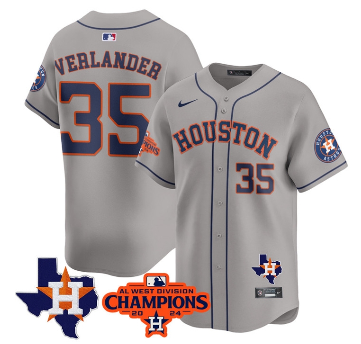 Astros 2024 AL West Champions Baseball  Jersey - All Stitched  GRAY JUSTIN VERLANDER-35