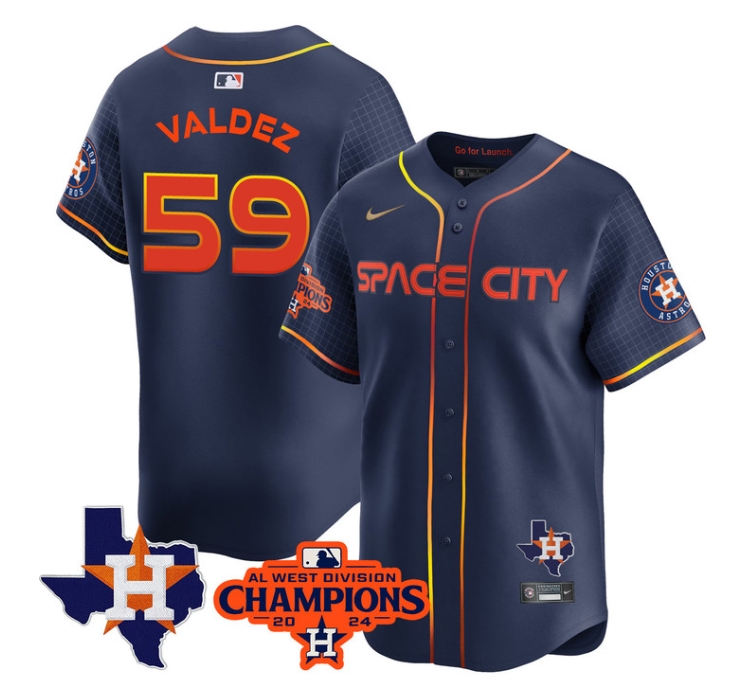 Astros 2024 AL West Champions Baseball  Jersey - All Stitched  SPACE CITY FRAMBER VALDEZ-59