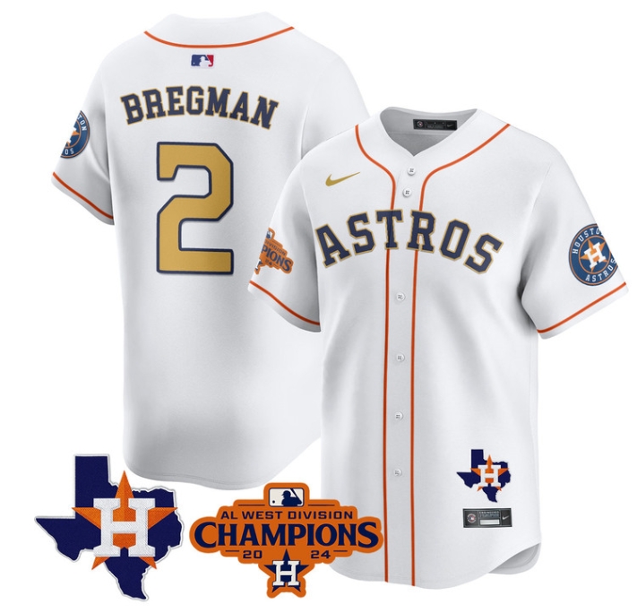 Astros 2024 AL West Champions Baseball  Jersey - All Stitched  WHITE GOLD ALEX BREGMAN-2