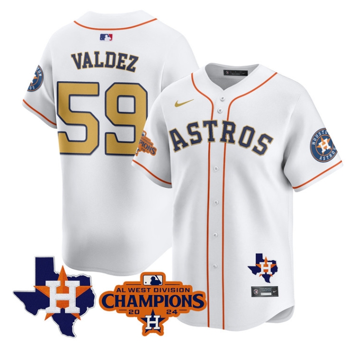 Astros 2024 AL West Champions Baseball  Jersey - All Stitched  WHITE GOLD FRAMBER VALDEZ-59